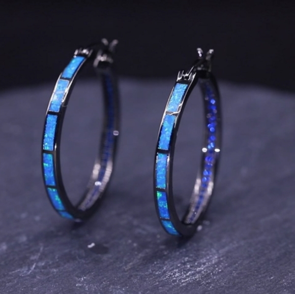 Black and Turquoise Blue Opal Hoop Earrings Hoops Rhinestone Crystal Channel New - Picture 7 of 11